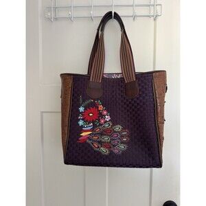 Consuela Style Woven Tote Bag Embroidered Peacock Cork Sides Boho Colorful Strap